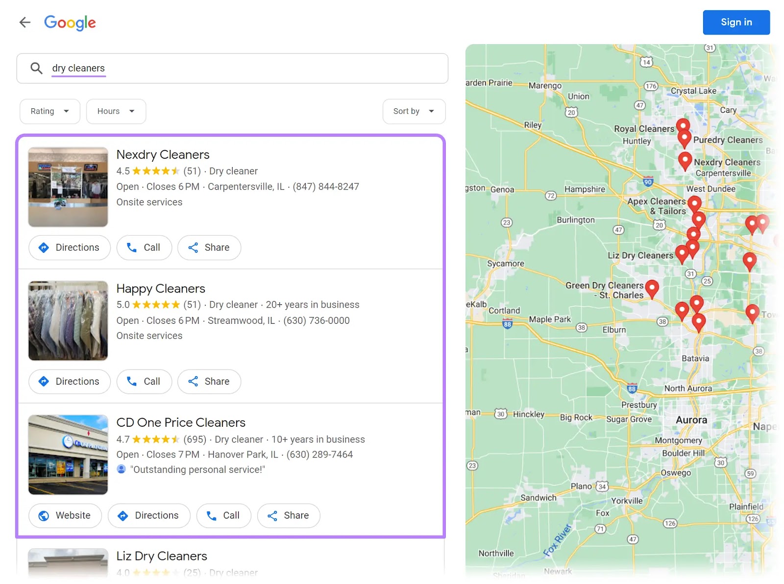 Google Maps results for "dry cleaners"