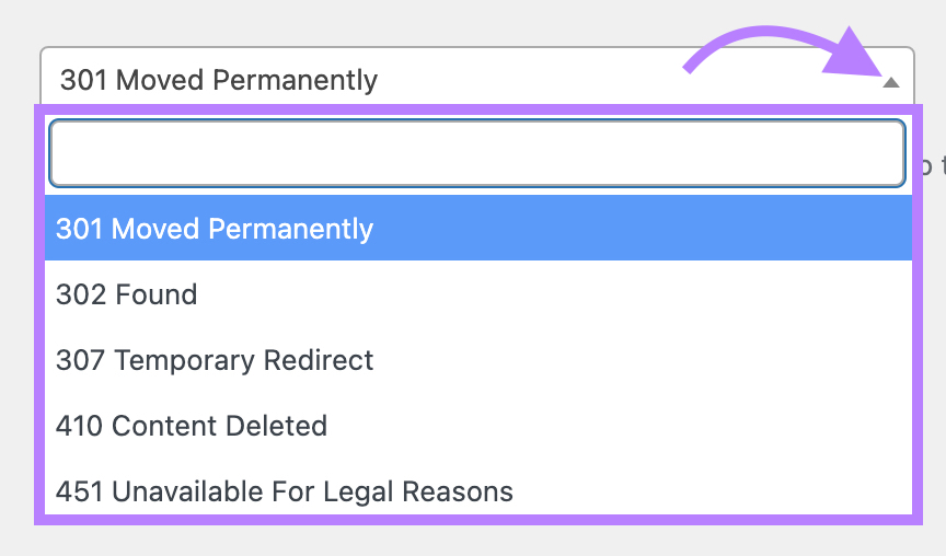 Dropdown with different redirect types to choose from including 301, 302, 307, 410 etc. on Yoast SEO.