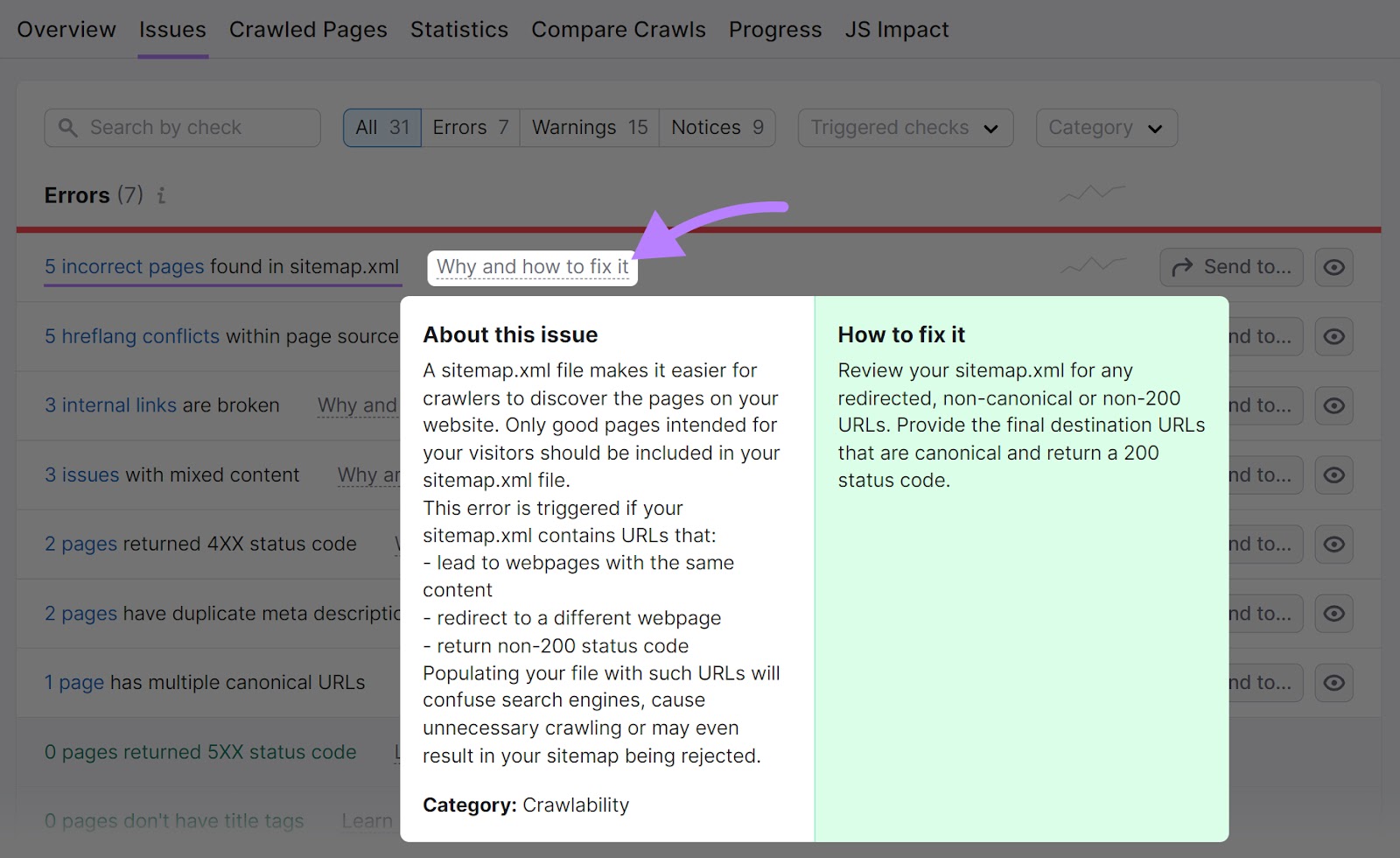 Why and how to fix an sitemap.xml file issue explained in Site Audit