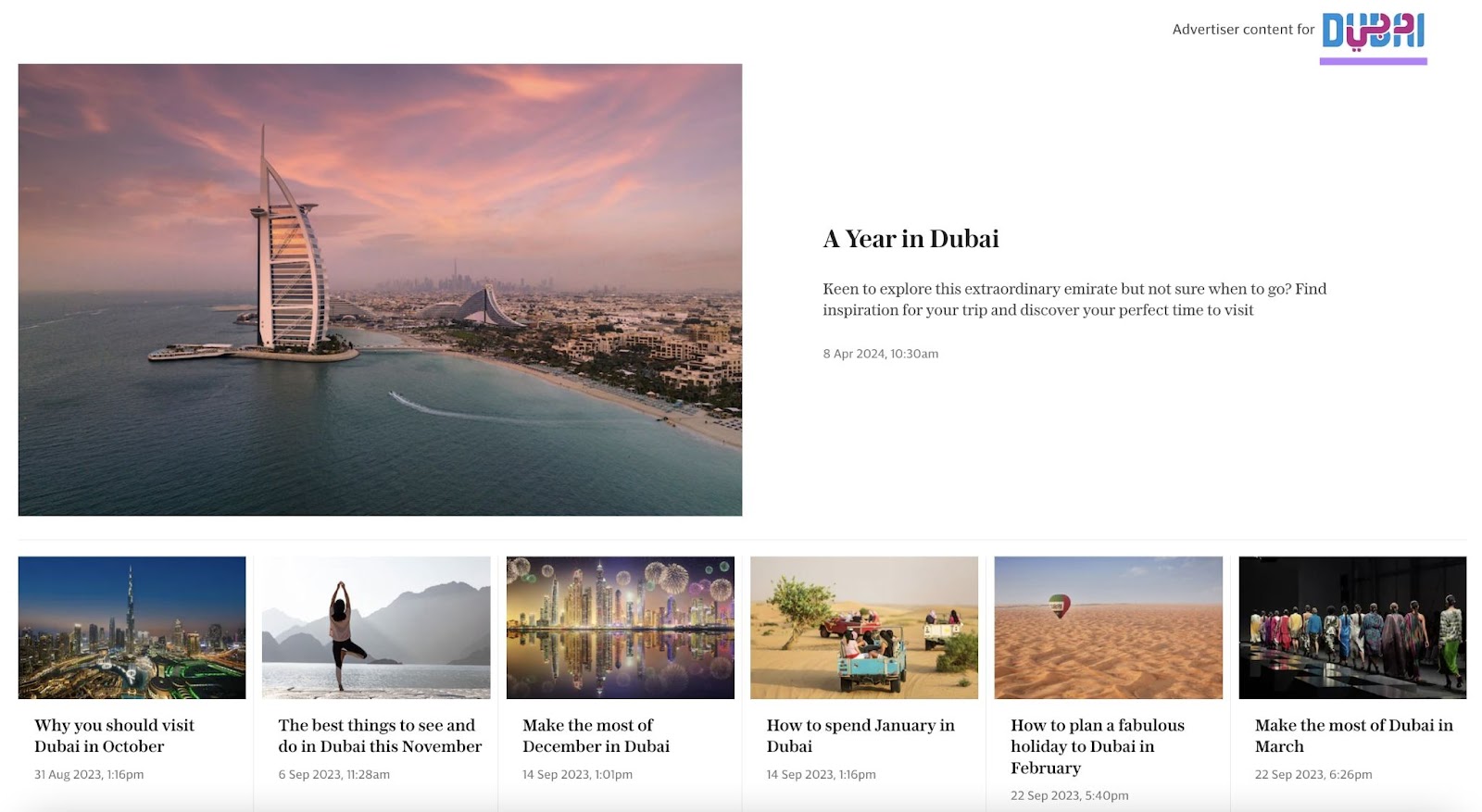 Dubai tourism board advert with 7 blog post titles and accompanying images showing scenes from Dubai