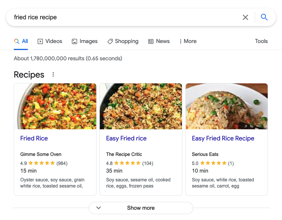Fried rice recipes SERP feature