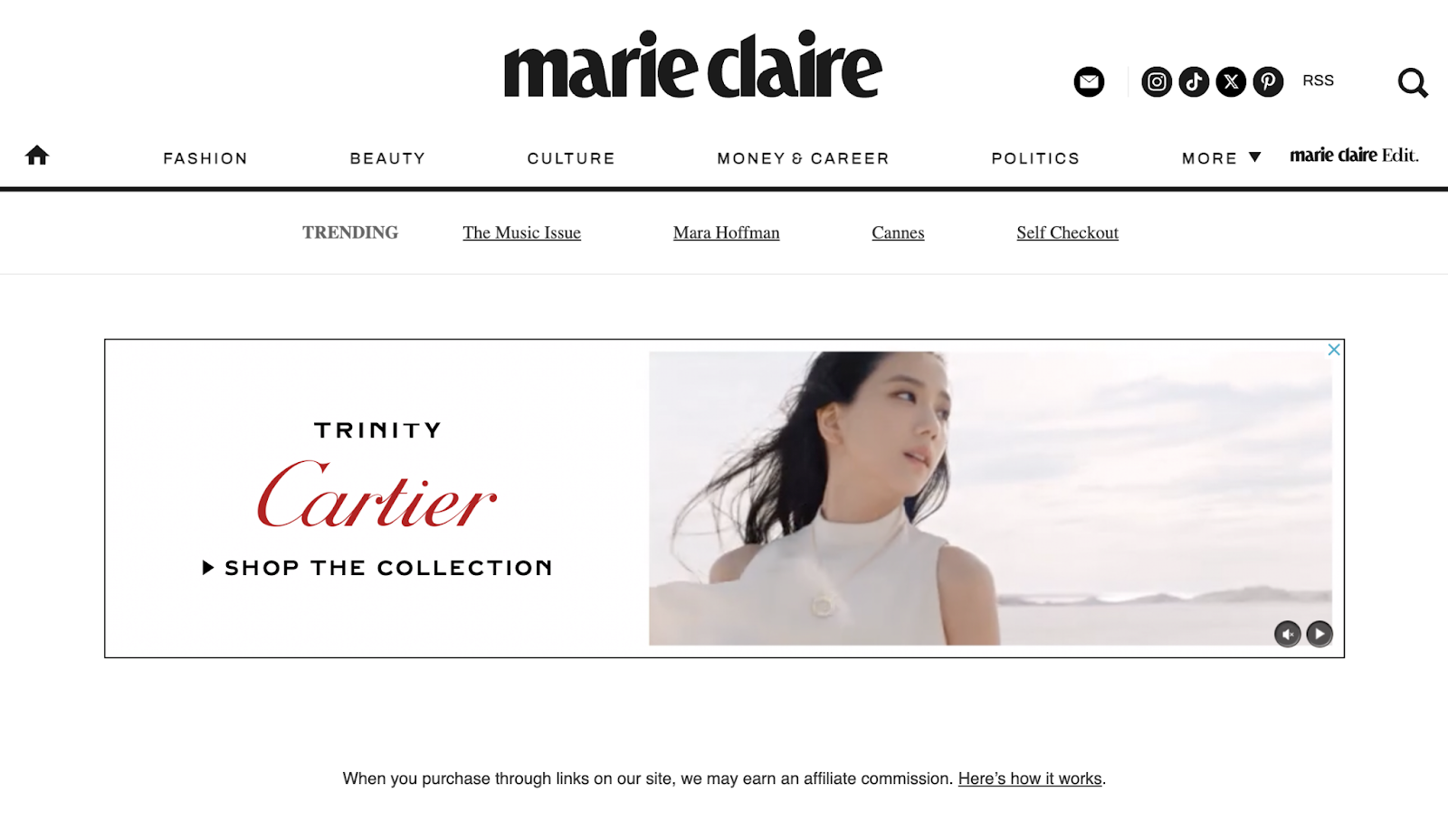 Cartier has a display ad near the top of a marie claire magazine webpage