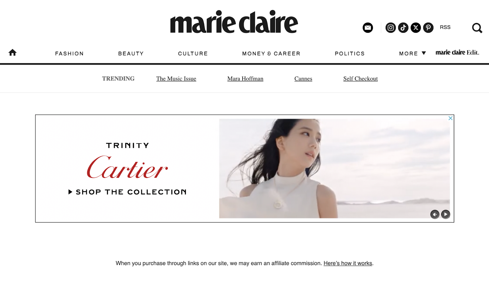 Cartier has a show  advertisement  adjacent   the apical  of a marie claire mag  webpage