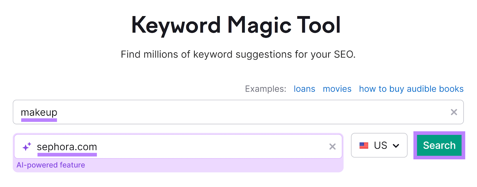 Semrush Keyword Magic Tool commencement  with keyword and domain entered and Search fastener  highlighted