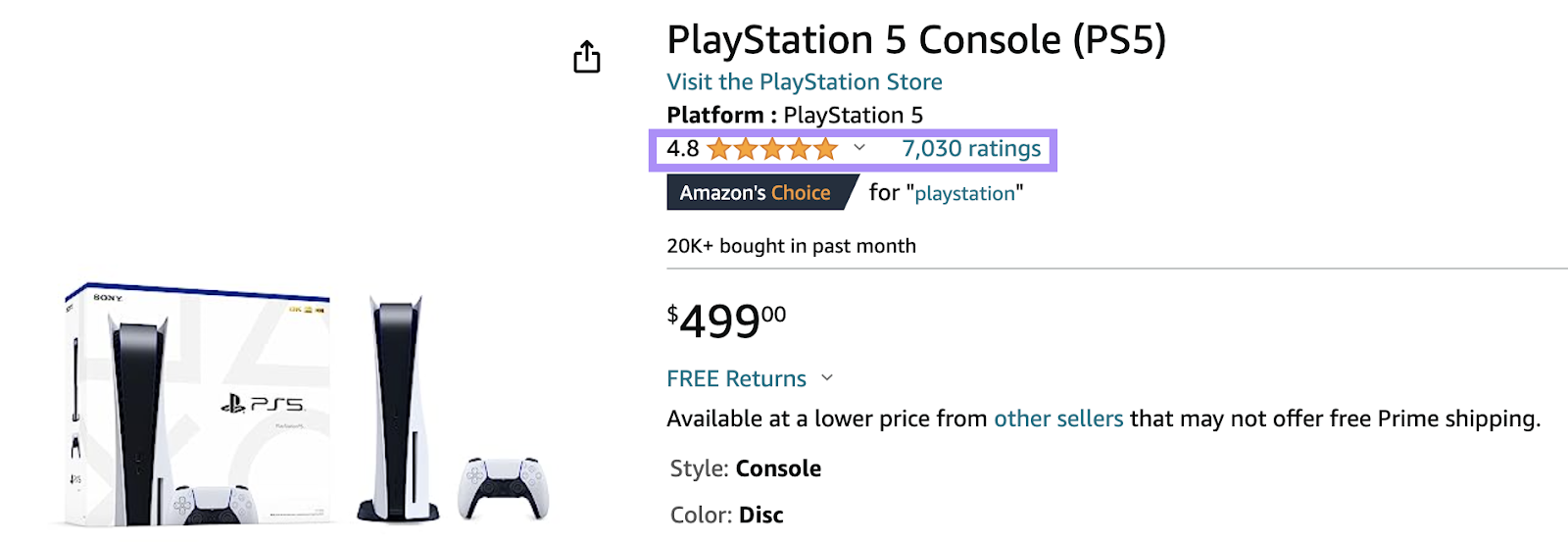 PlayStation 5 Console (PS5) listing on Amazon with reviews highlighted