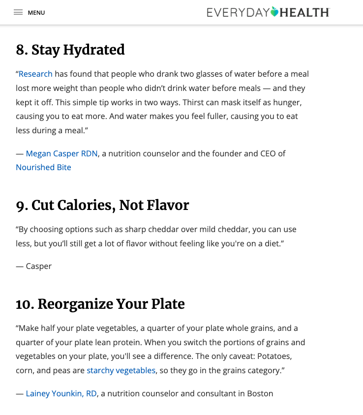 A snippet of an article that ranks for “weight loss tips” including “Stay Hydrated,” “Cut Calories, Not Flavor,” and “Reorganize Your Plate” H2s