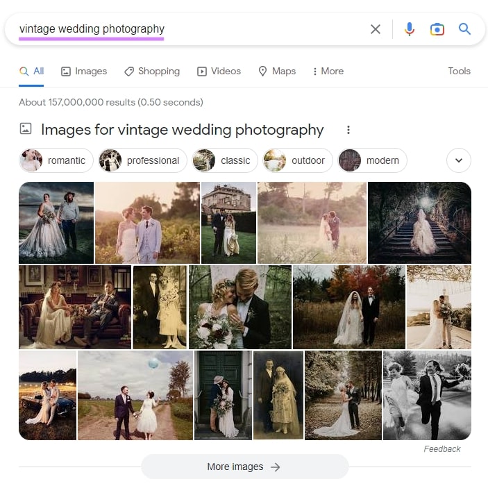 Google search results for “vintage wedding photography”