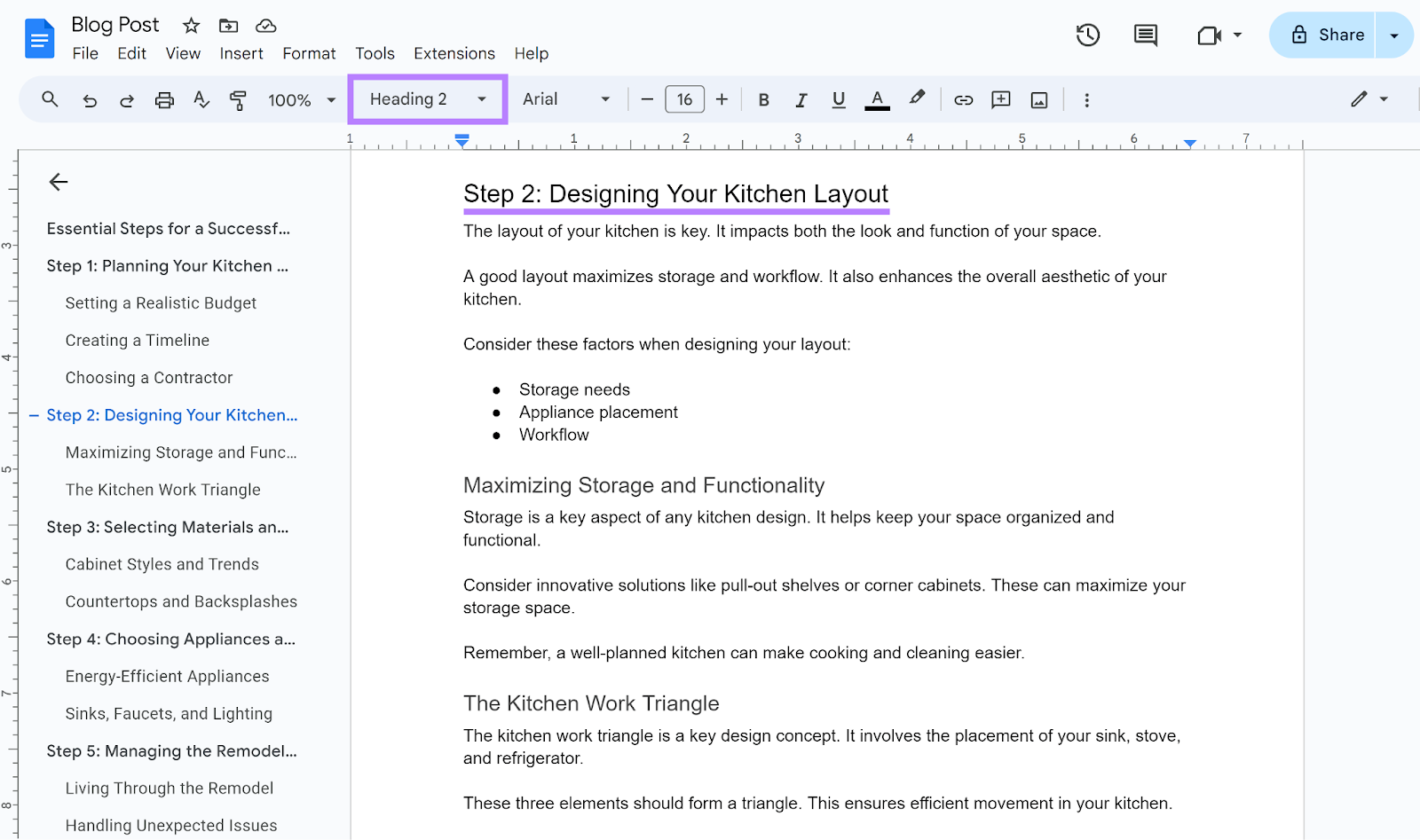 H2 heading and heading format setting highlighted in Google docs editor.