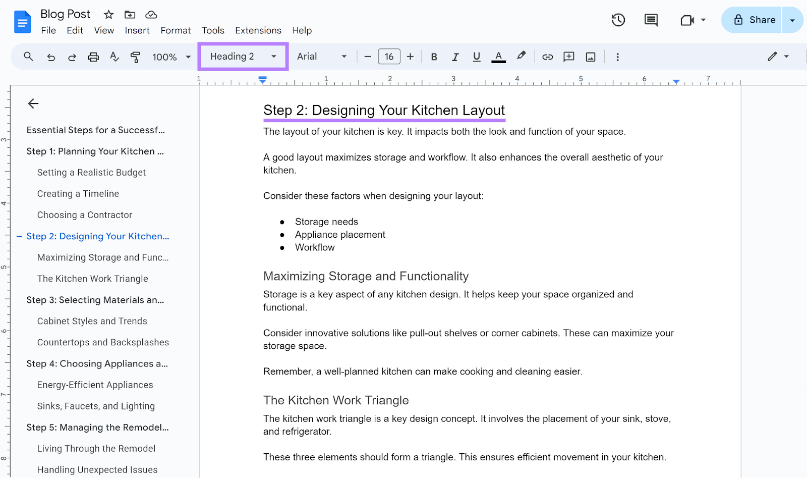 H2 heading and heading format mounting  highlighted successful  Google docs editor.