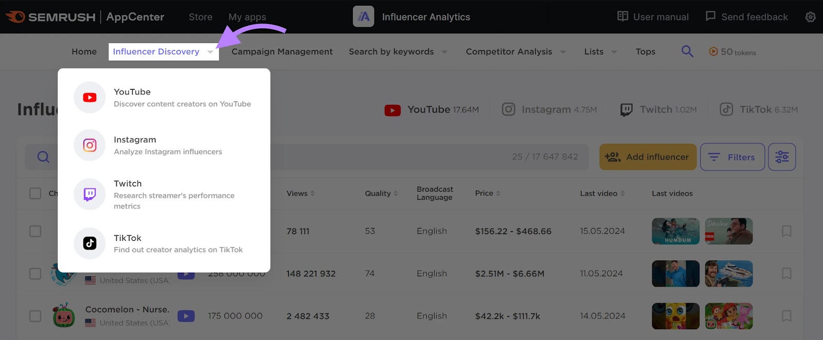 Influencer Analytics tool with the "Influencer Discovery" drop-down menu open.