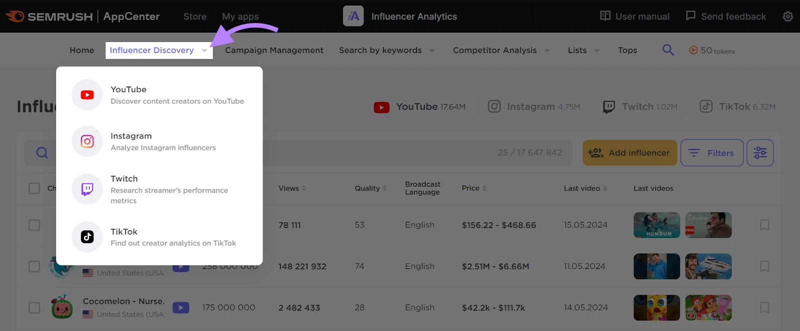 Influencer Analytics instrumentality   with the "Influencer Discovery" drop-down paper   open.