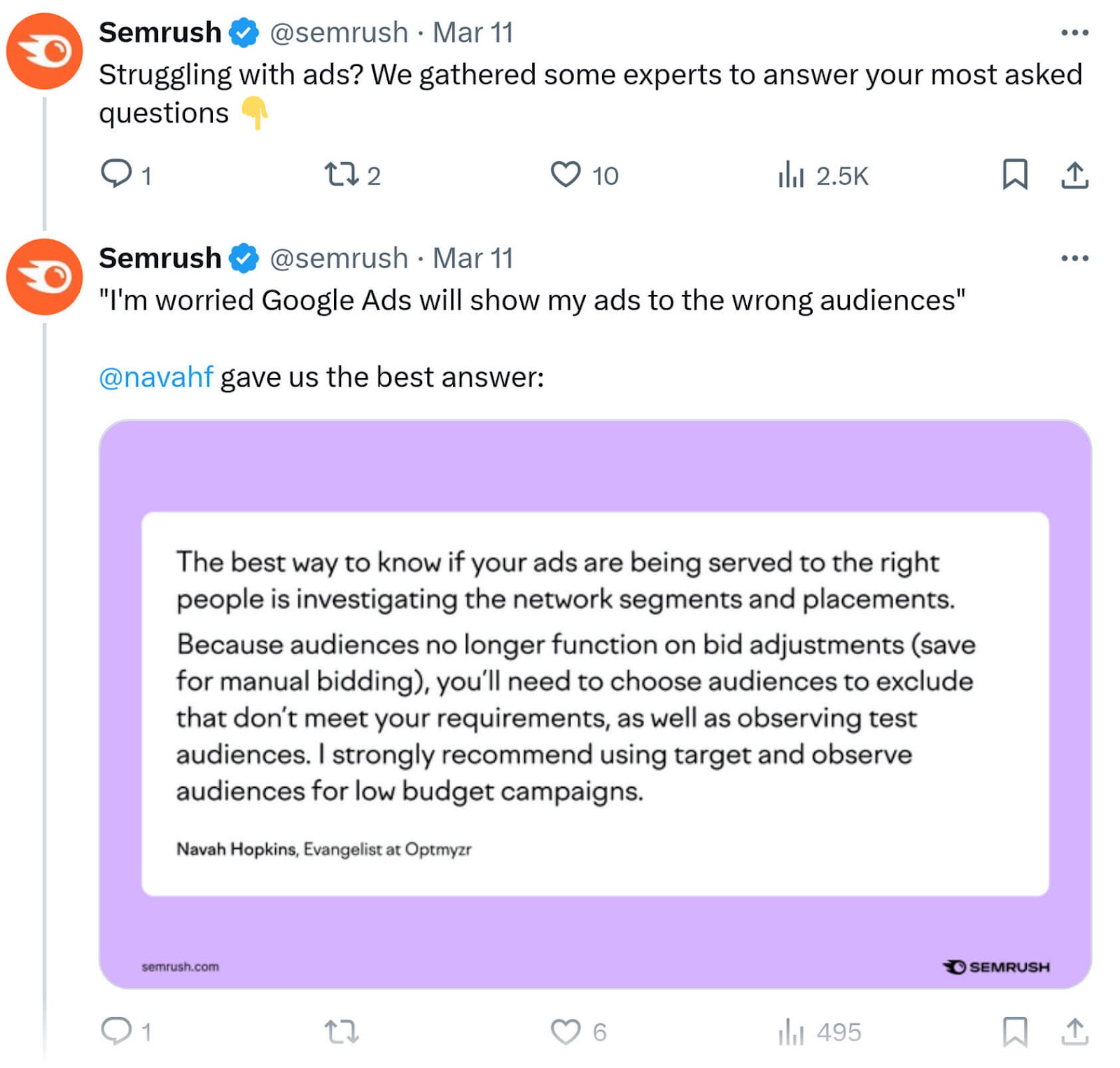 Twitter post by Semrush featuring a contributor's comment highlighted in a purple box.