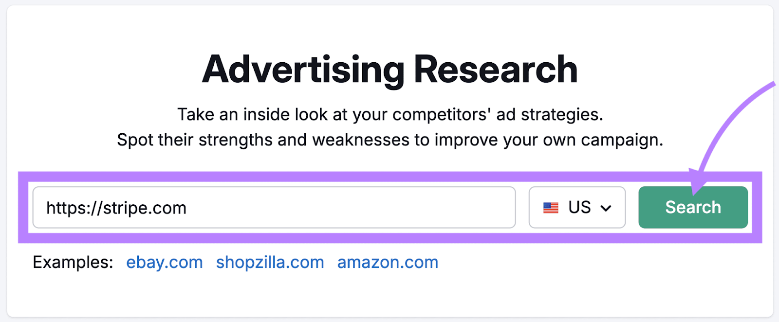 Semrush Advertising Research tool with "https://stripe.com" in the search bar