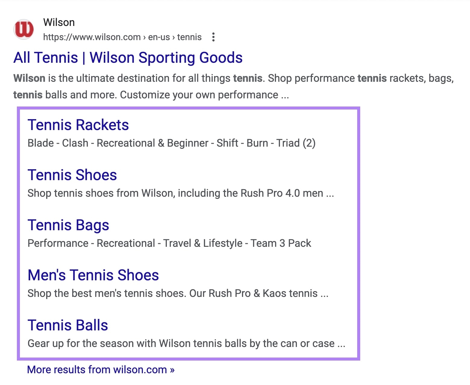 Google search result for Wilson tennis showing sitelinks for product pages.