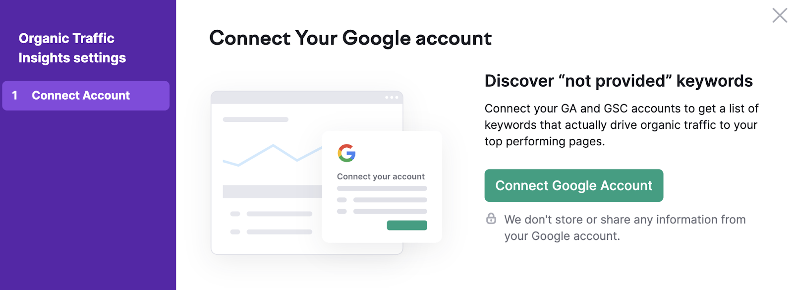 "Connect your Google account" page in Organic Traffic Insights
