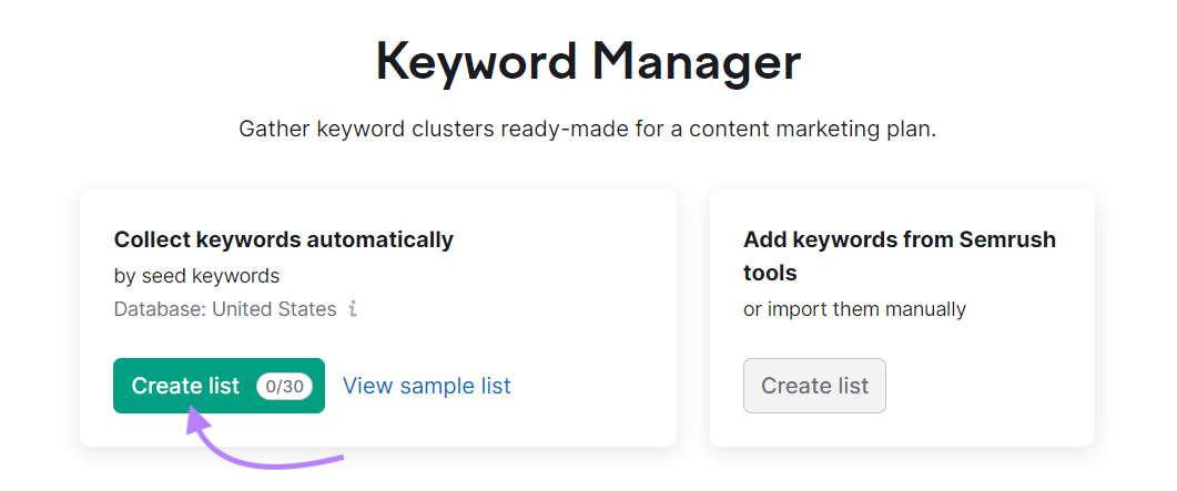 “Create list” button highlighted in Keyword Manager tool