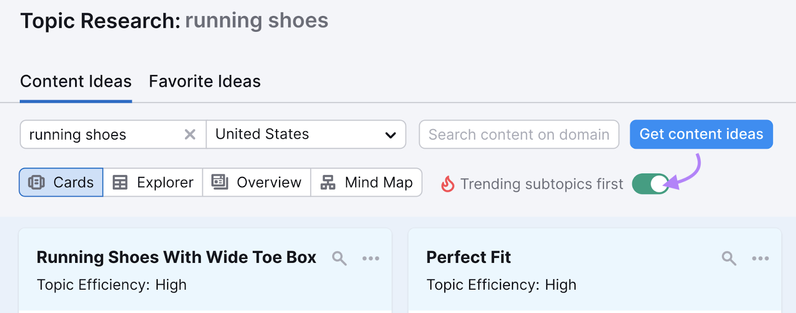 flame icon with" trending subtopics first" substance   followed by toggle button
