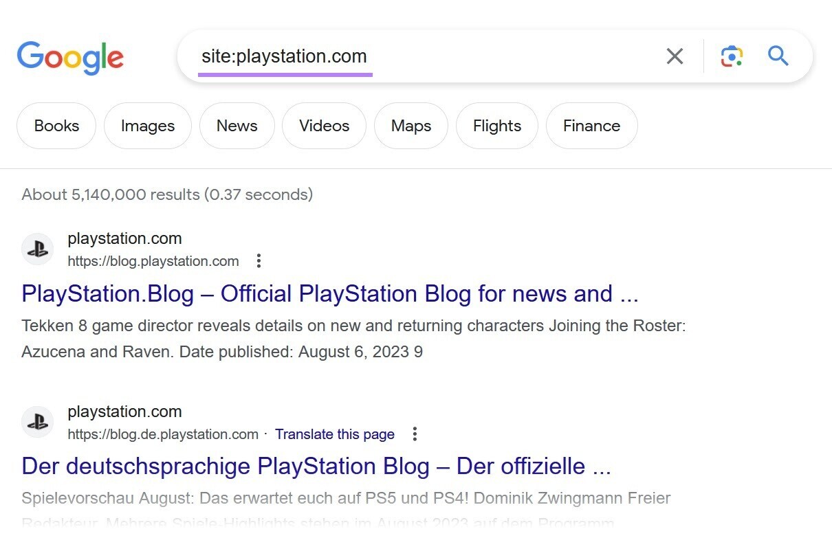 an example of Google search for “site:playstation.com”