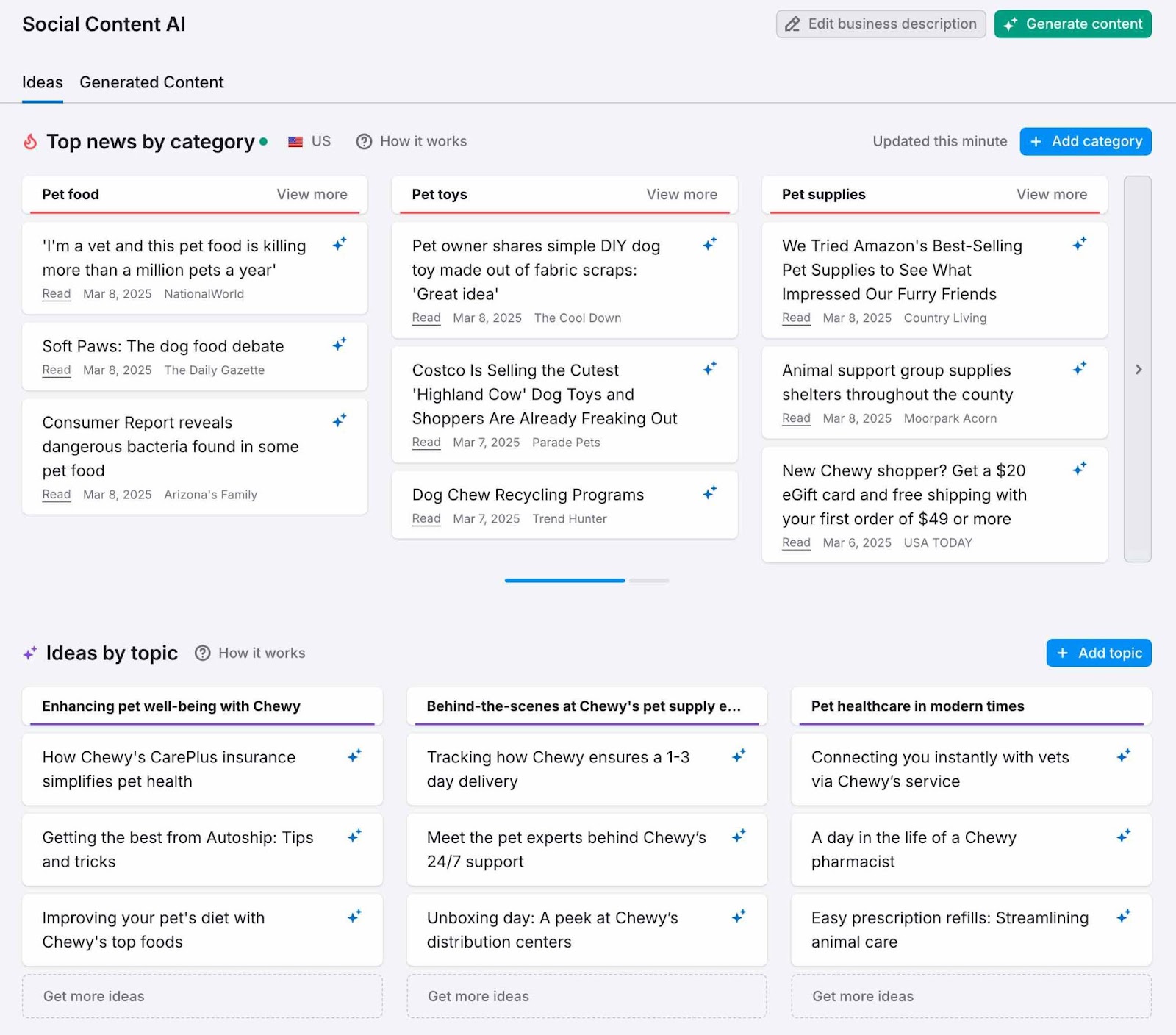 A list of ideas generated on Social Content AI for a specific domain.