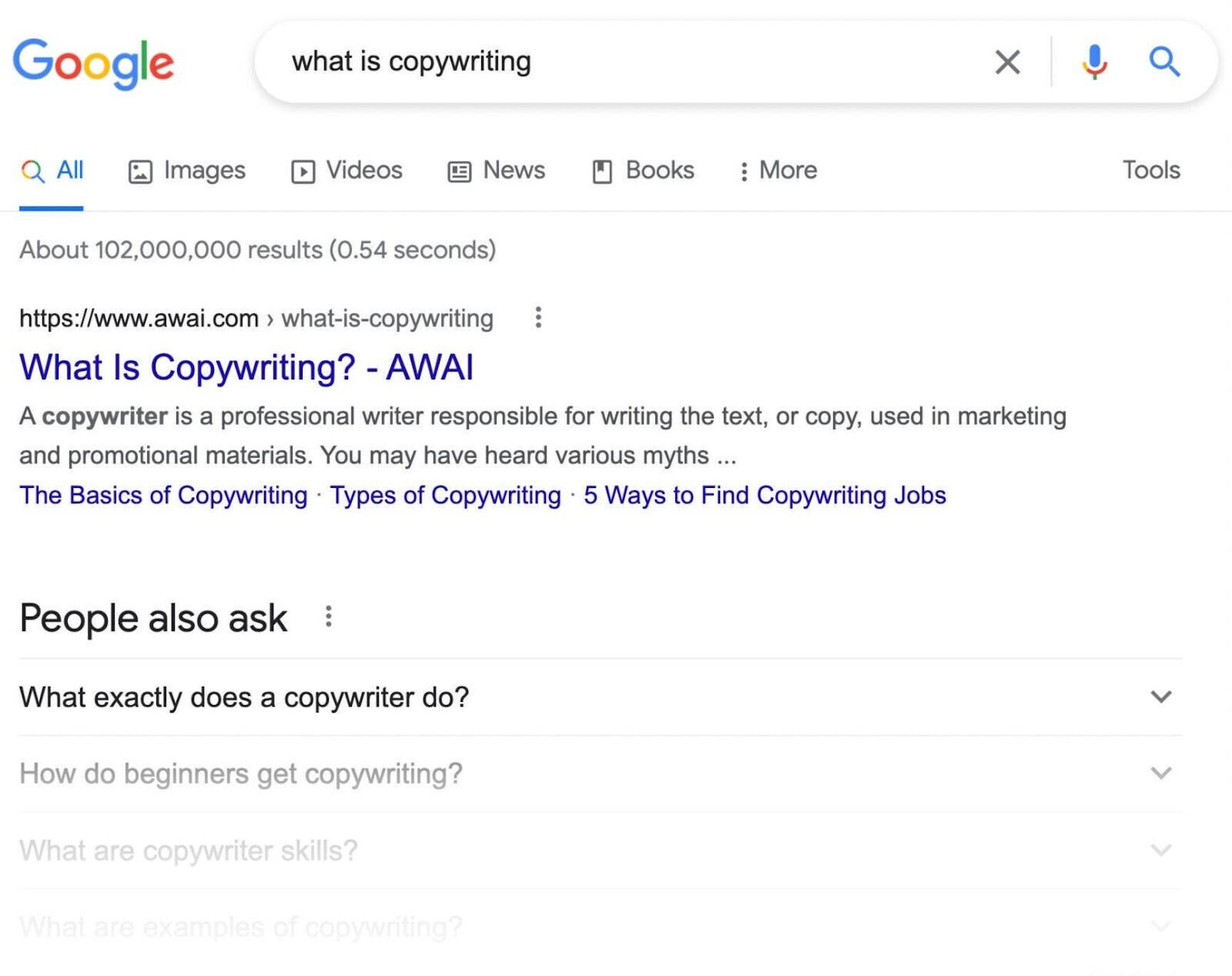 Google SERP for “what is copywriting”