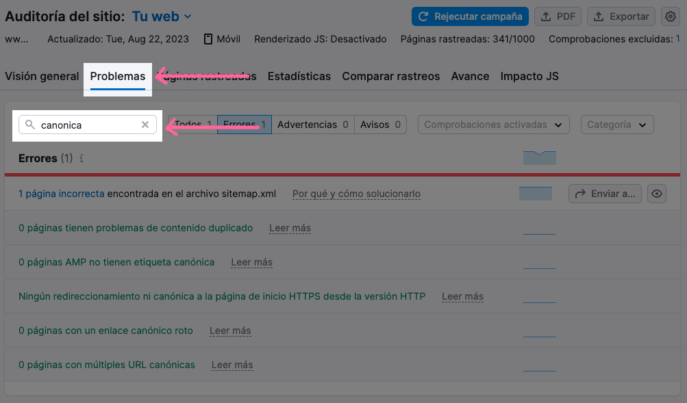 Para auditar las etiquetas canónicas de tu web, utiliza la herramienta Auditoría del sitio de Semrush