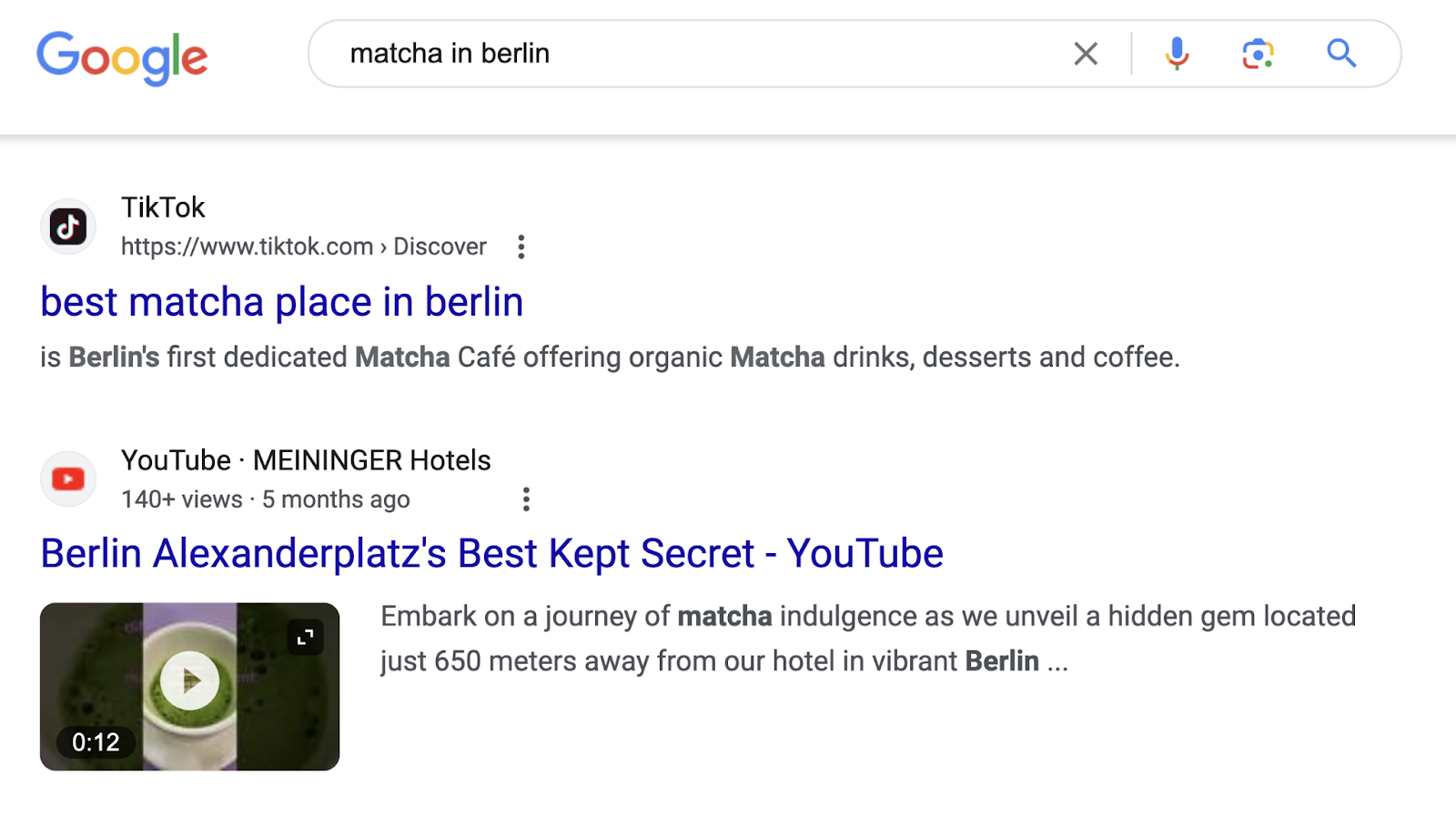 a TikTok and YouTube post ranking for "matcha in berlin" query
