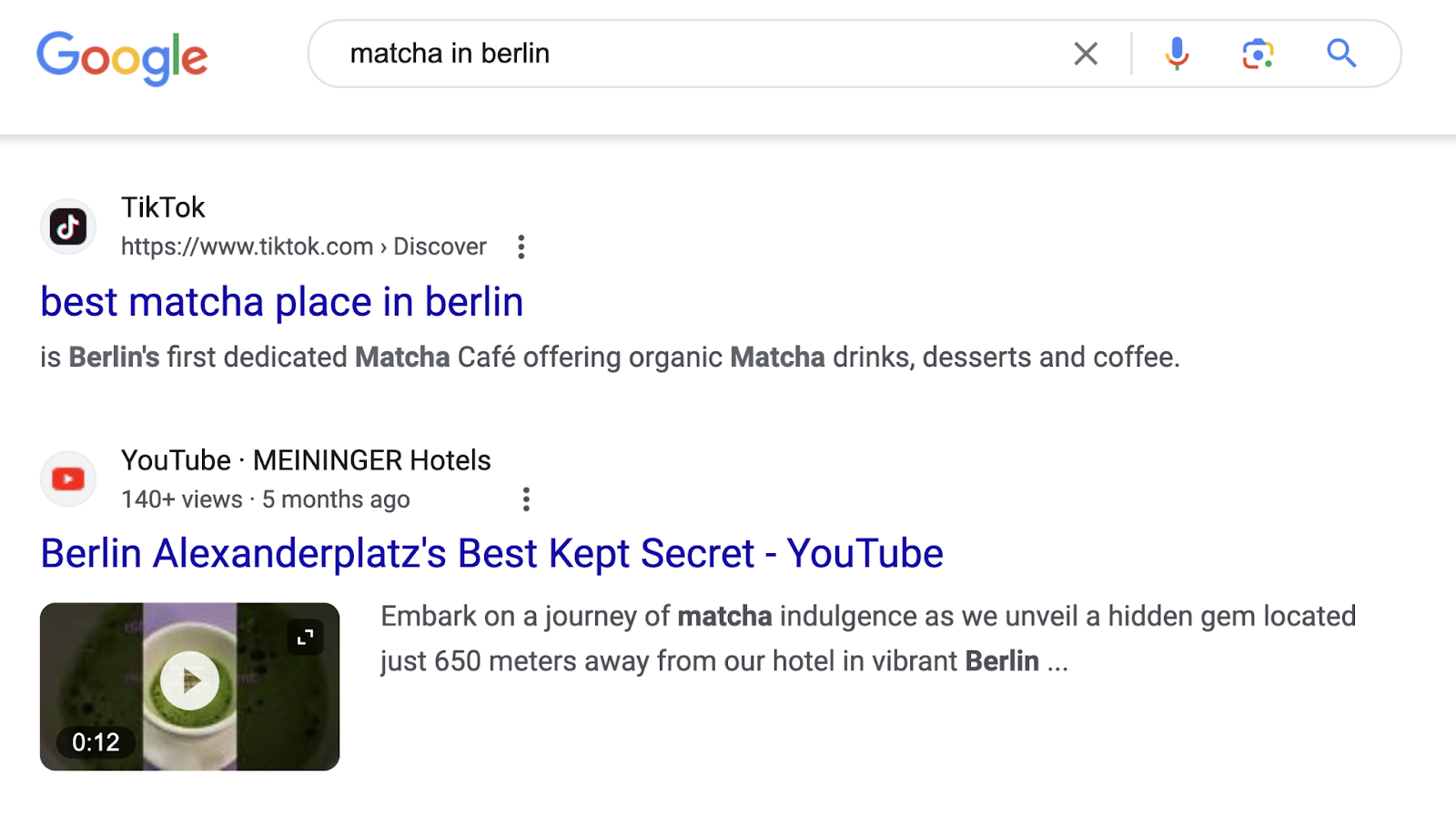 a TikTok and YouTube station  ranking for "matcha successful  berlin" query