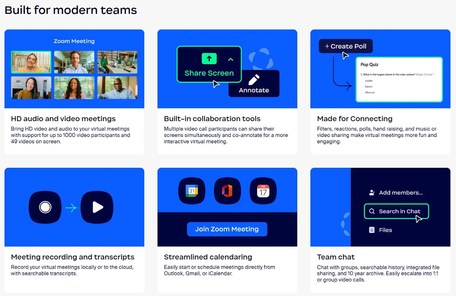 "Build for modern teams" section of the Zoom Meetings' landing page