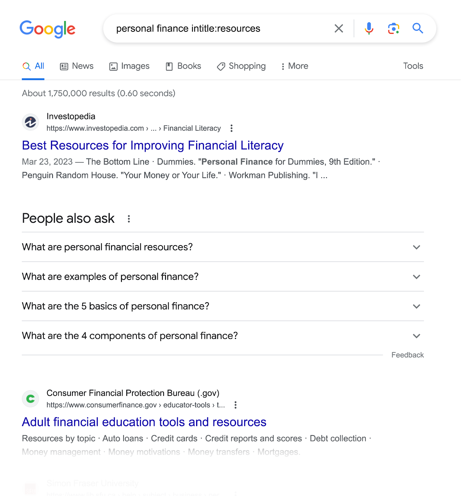 Google search results page for "personal finance intitle:resources"