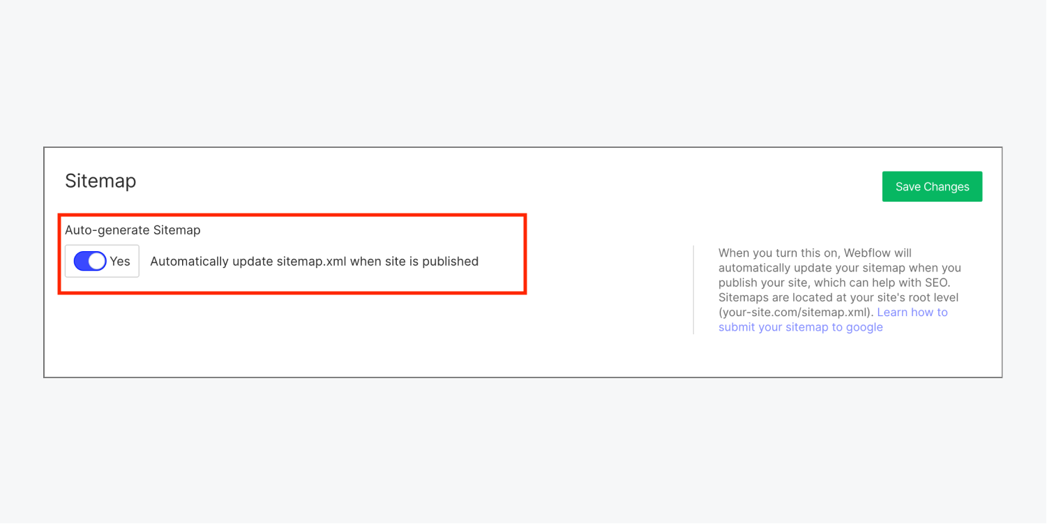 Sección "Sitemap" en Webflow con la opción "Generar Sitemap automáticamente" activada