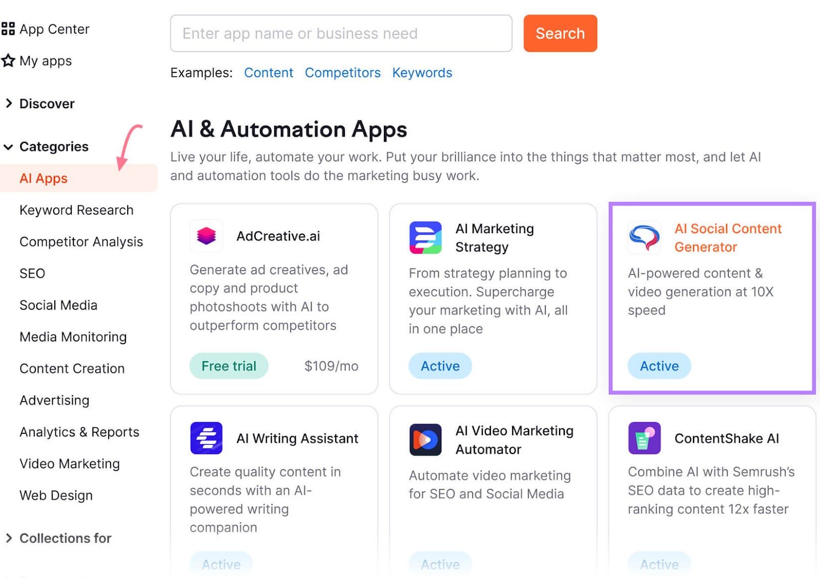 AI & Automation Apps section in the App Center with "AI Social Content Generator" highlighted in a purple box.