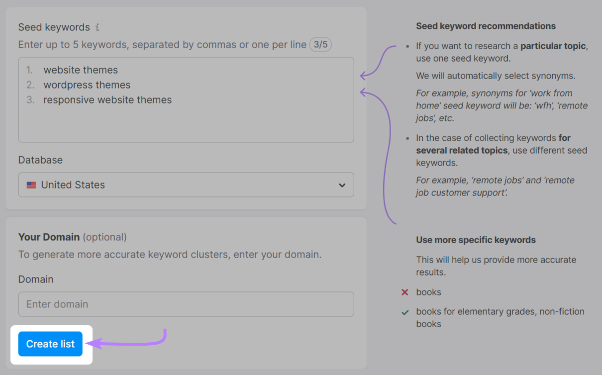 "Create list" button highlighted under setting up Keyword Manager page