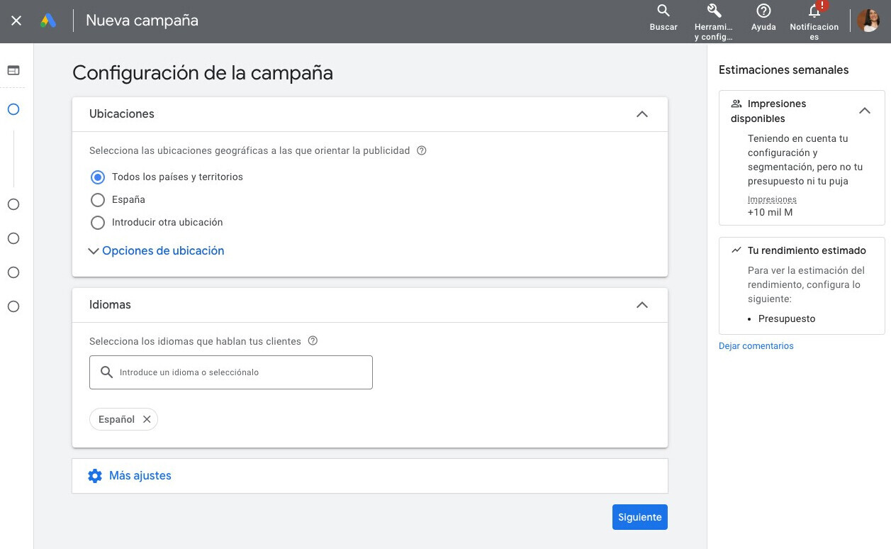 Configuración de campaña en Google Ads