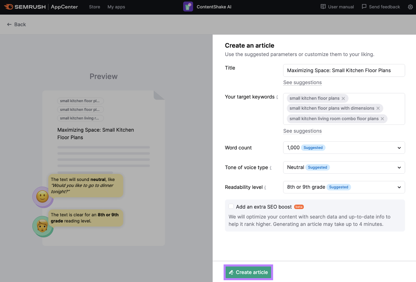 'Create an article' section and 'Create article' button highlighted in Semrush ContentShake AI