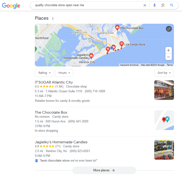 Local search results for a customer with a strong desire to buy chocolate.