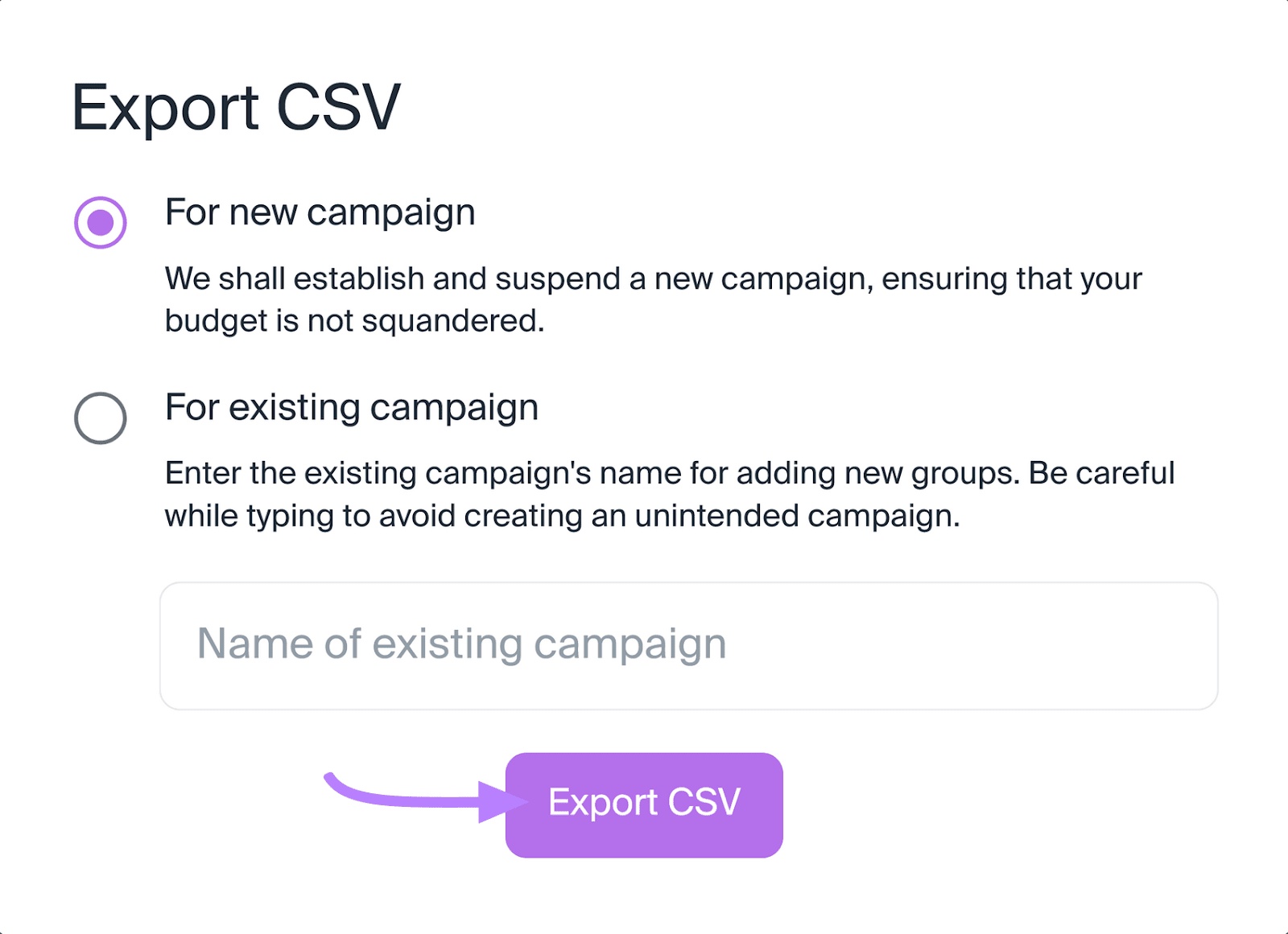 "Export CVS" pop-up window in AI Ad Copy Generator