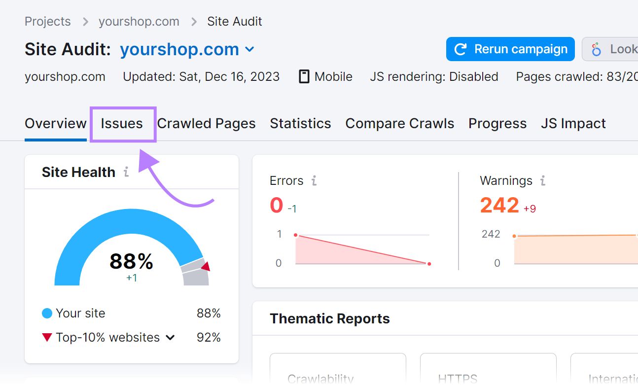 Site Audit instrumentality   with the "Issues" tab highlighted