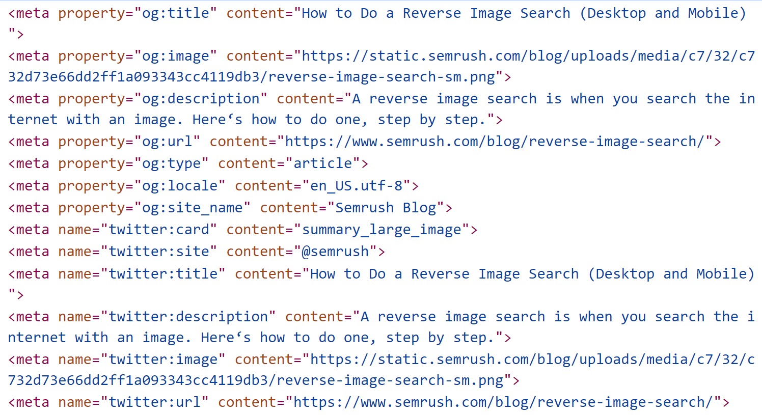 An HTML code of Semrush's post on reverse image search