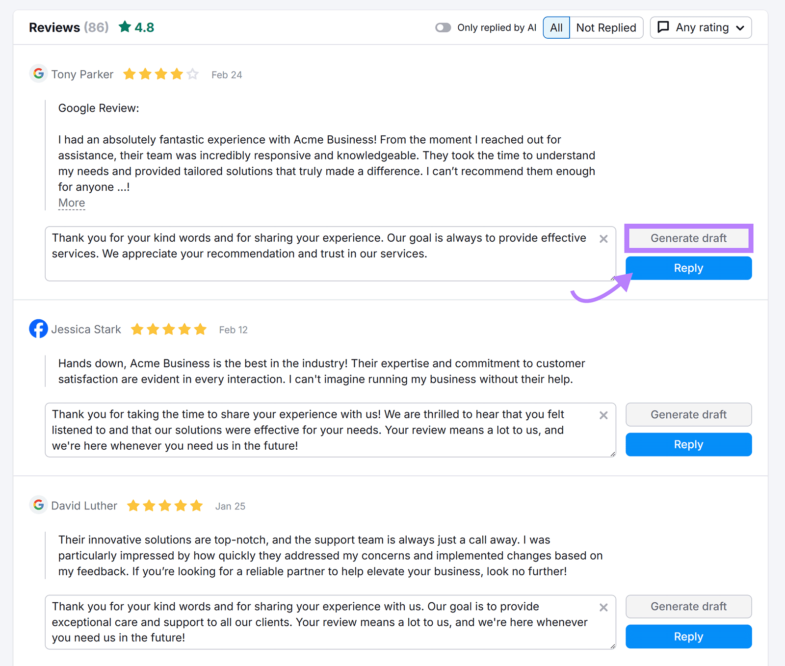 Reviews section with recent reviews, Generate draft button highlighted, and arrow to Reply button