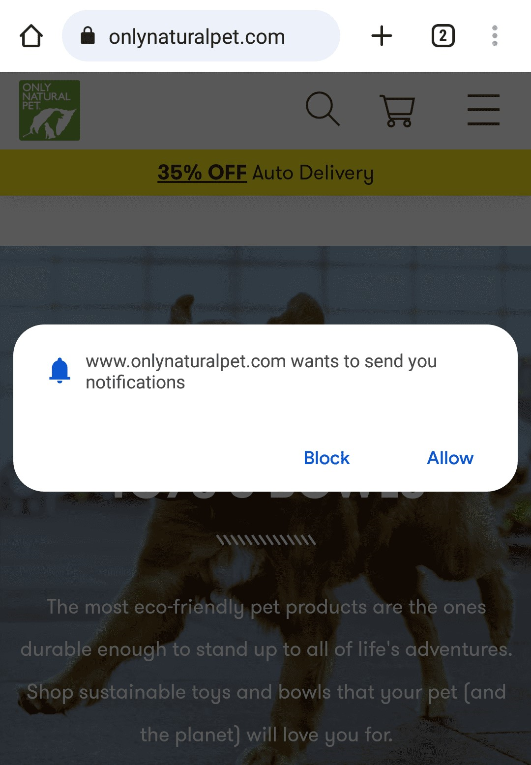 Only Natural Pet's website pop-up asking users if they want to receive the business’s notifications