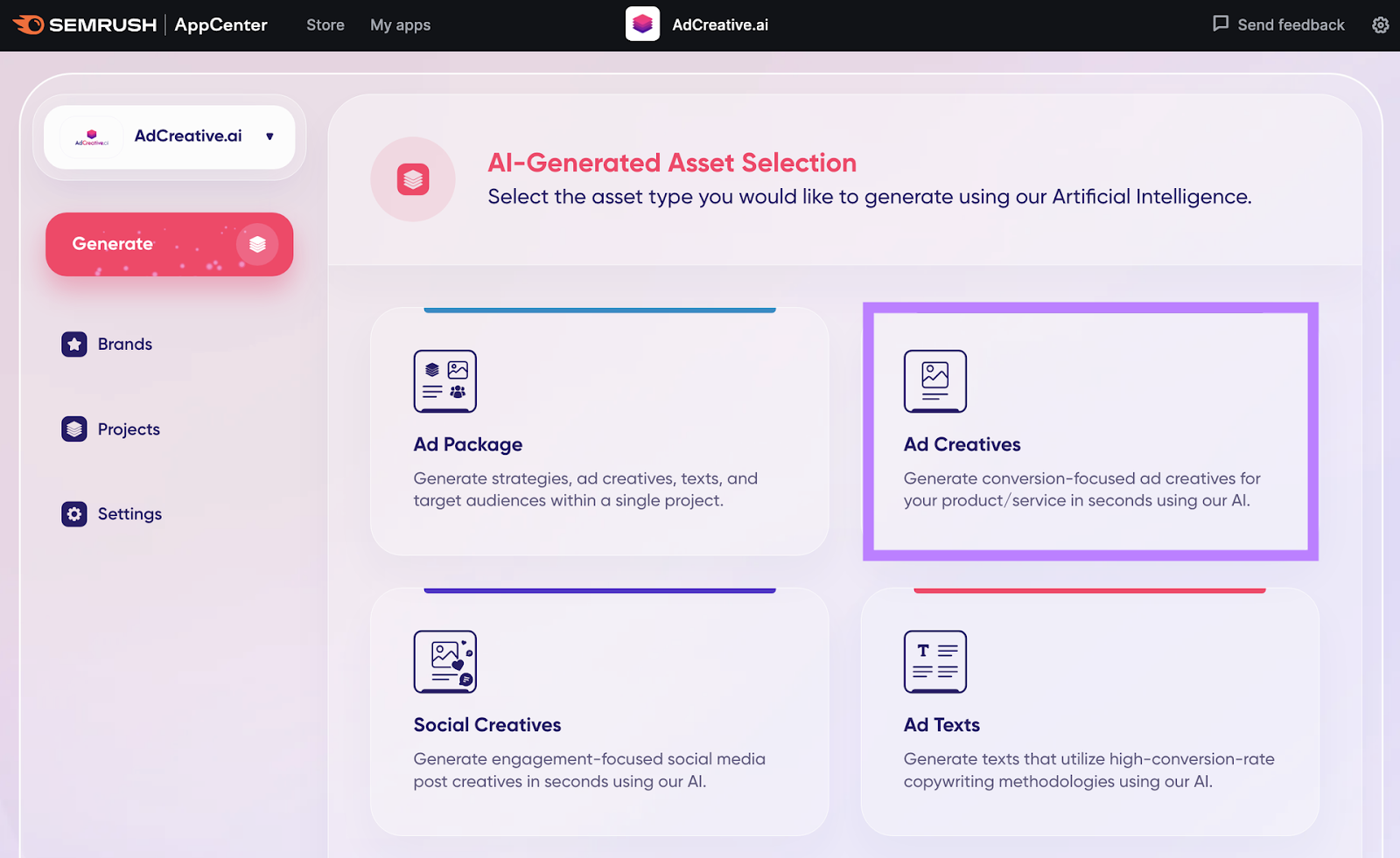 AdCreative.ai homepage with the AI-Generated Asset Selection menu open and the Ad Creatives option selected
