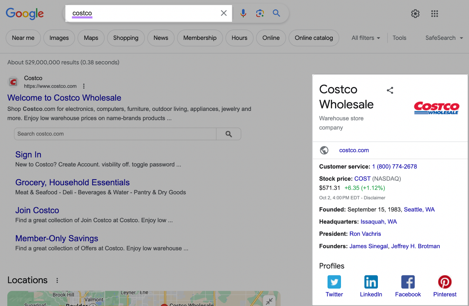 Google Knowledge Panel for "Costco Wholesale"