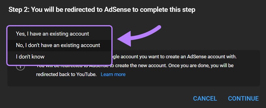 Select an option to let YouTube know wether you have a Google account linked to AdSense