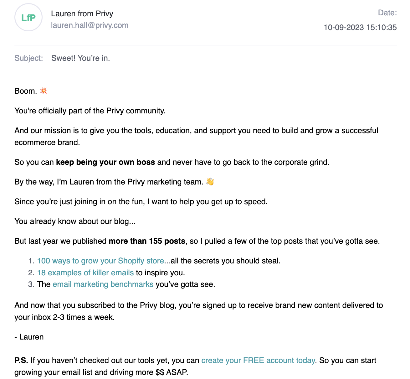 Privy's welcome email to a new subscriber