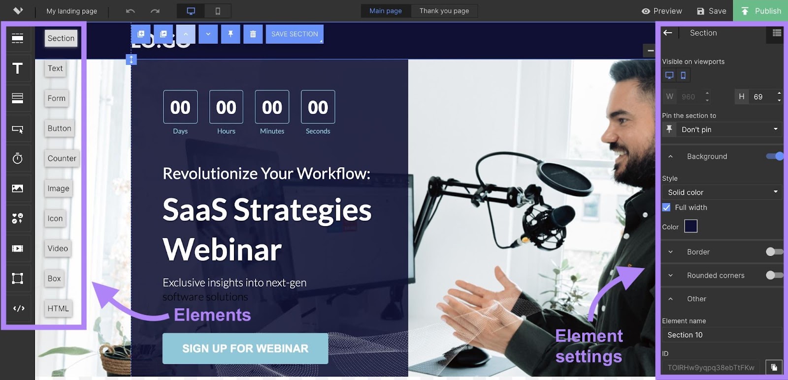 Preview of the "SaaS Webinar" template successful  the Semrush Landing Page Builder with elements and element’s settings highlighted