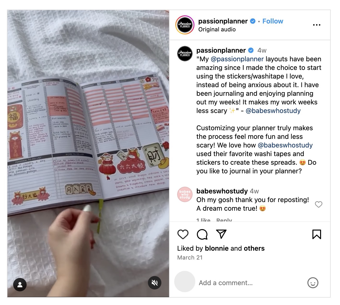 Post on Instagram by 'Passion Planner' featuring user-generated content of a customer using one of their products.