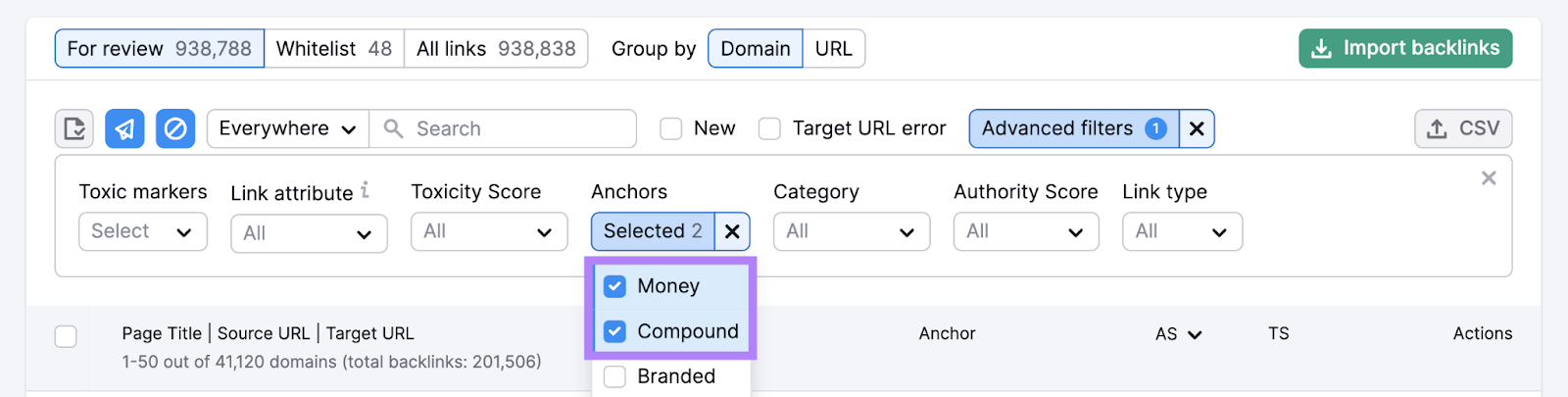 money and compound anchor substance   types filter highlighted