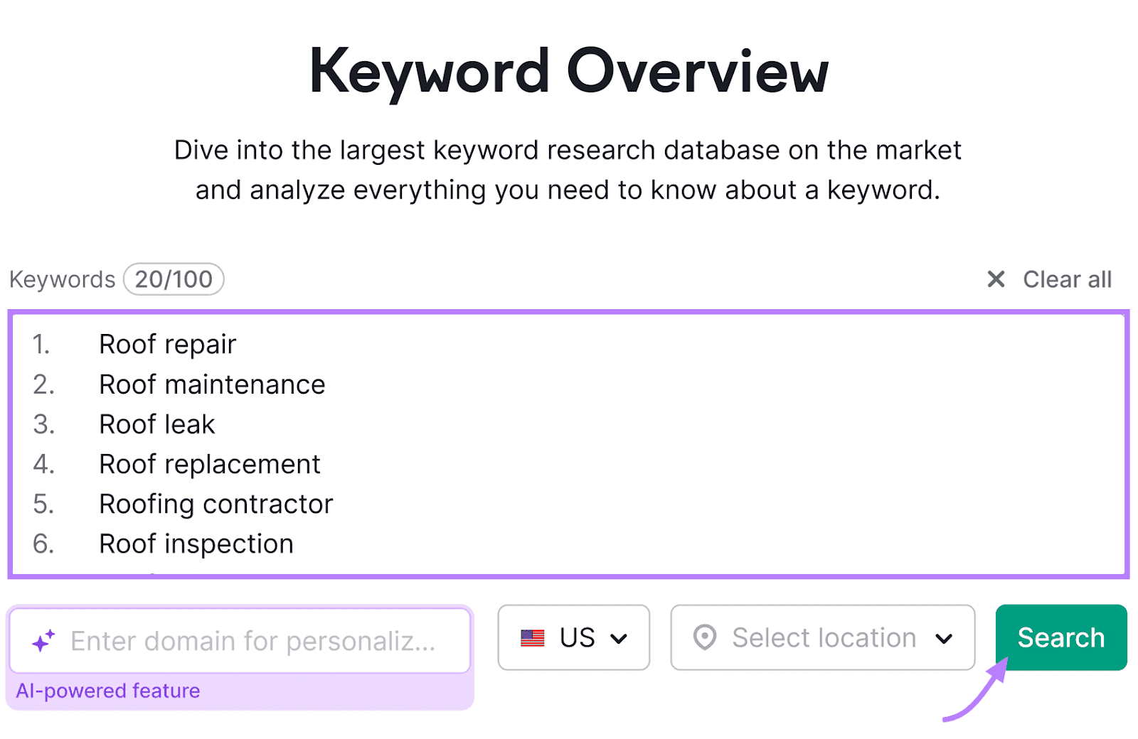 Keyword Overview tool interface with a list of roofing-related keywords and a search bar at the bottom