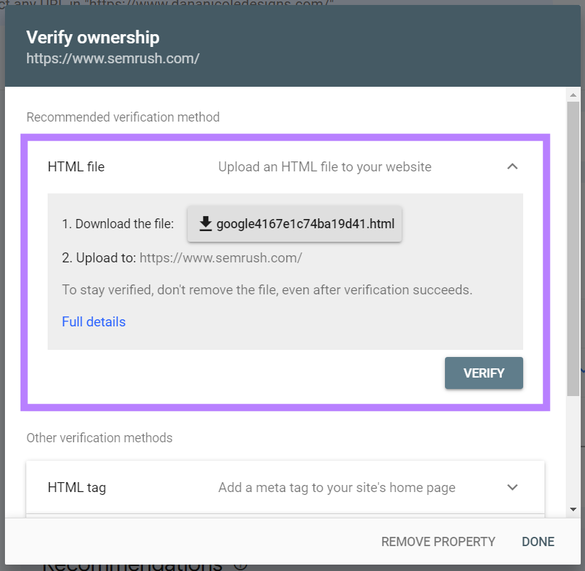 The recommended method is via HTML file. Steps say to download the file, upload to your site, then click Verify to continue.