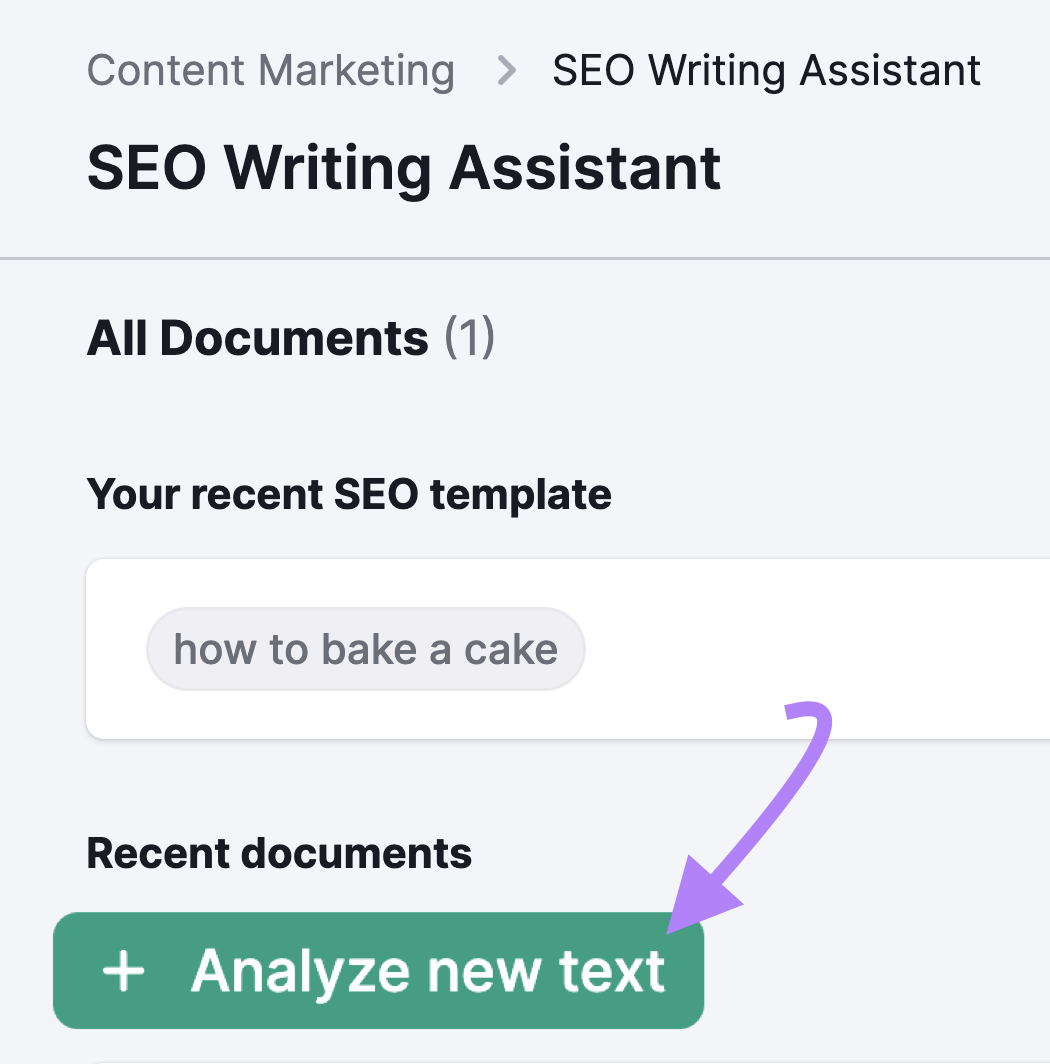 SEO Writing Assistant tool menu